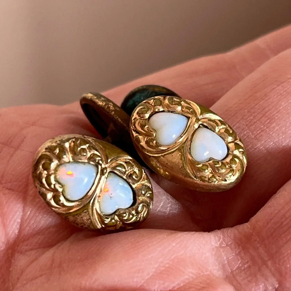 Antique Victorian Rolled Rose Gold Art deco double Opal Heart Cuff links
